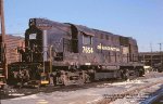 PC, Penn Central 7654 ALCO RS11, at Conrails, ex-LV Oak Island engine terminal, Newark, New Jersey. Feb 12, 1977.  